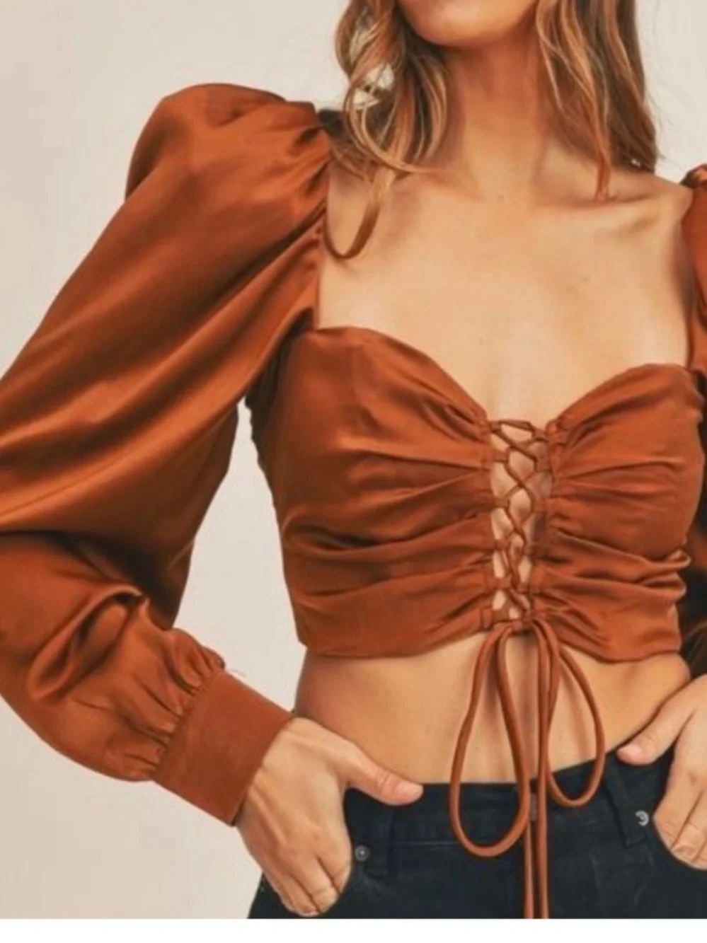 Mable rust satin corset lace up puff sleeve crop top sz s sexy night out - Picture 1 of 7